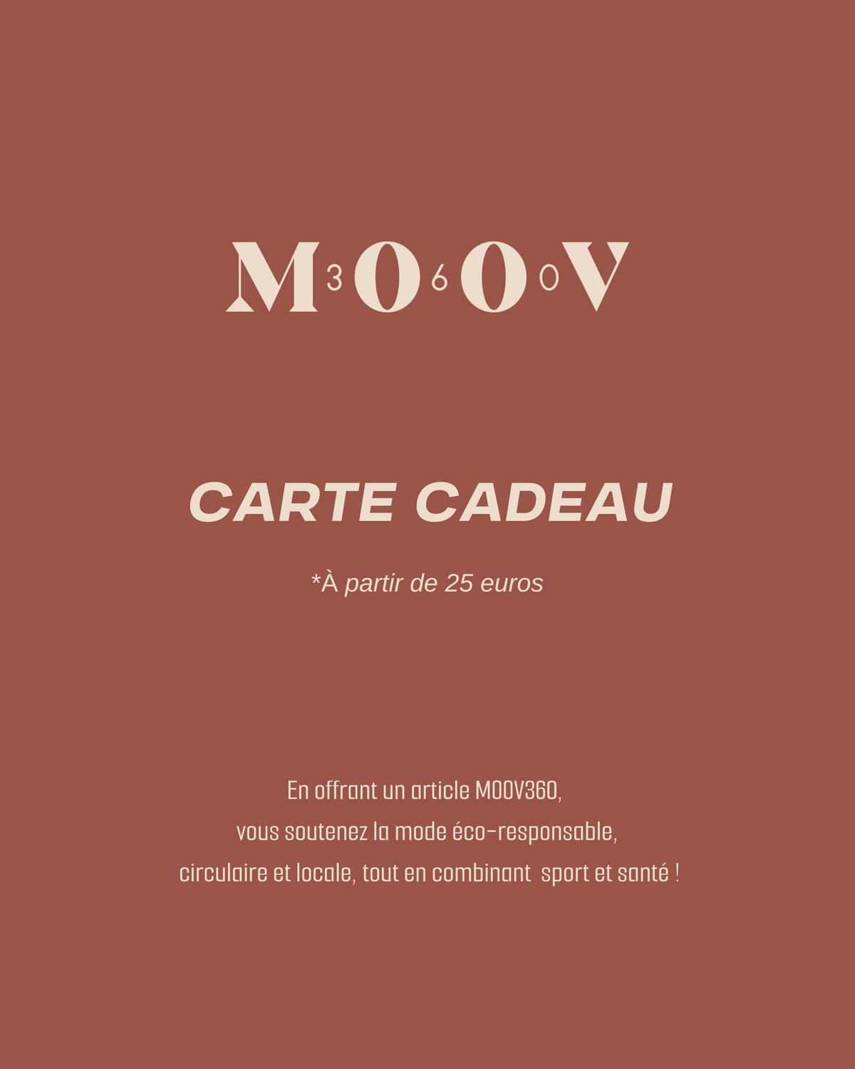 Bon cadeau Moov360 carte cadeau terracotta avec logo MOOV, à partir de 25 euros, idée cadeau sport écoresponsable