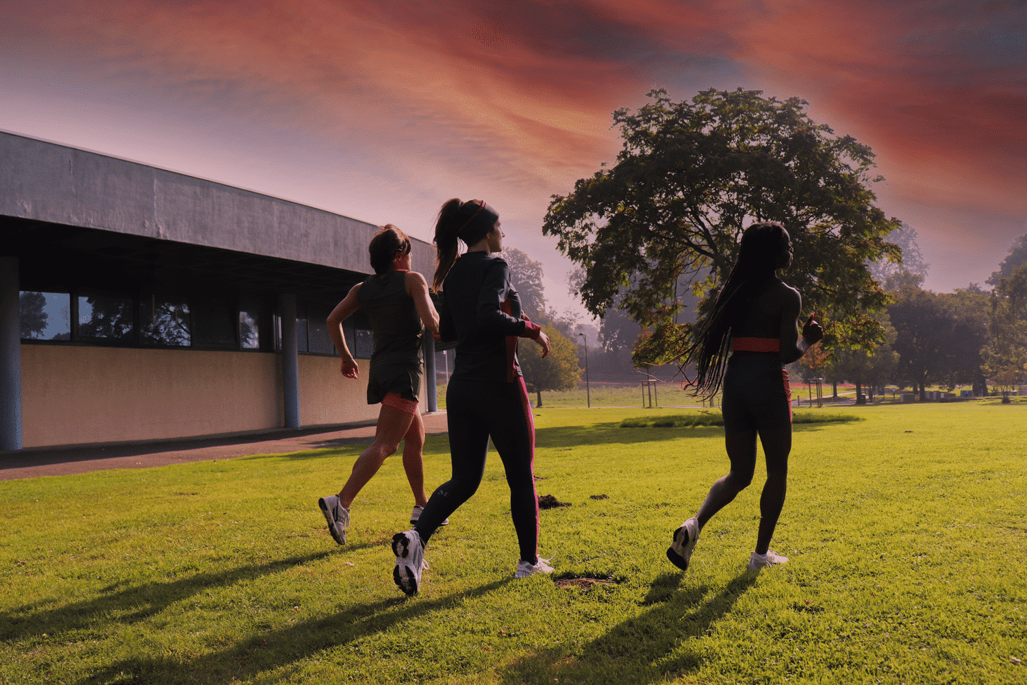 3 women running in sustainable sportswear